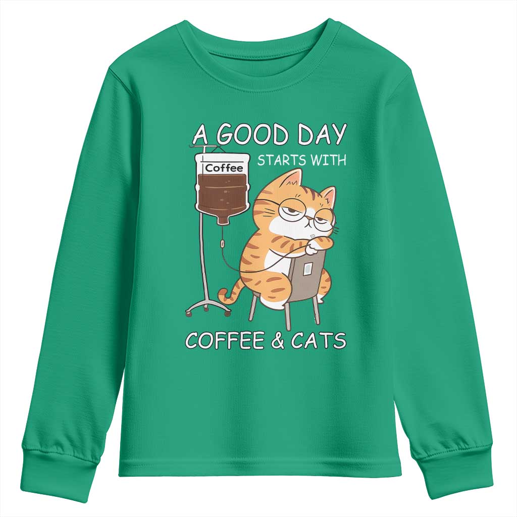 A Good Day Starts With Coffee And Cats Youth Sweatshirt Funny Purrfect Morning - Wonder Print Shop