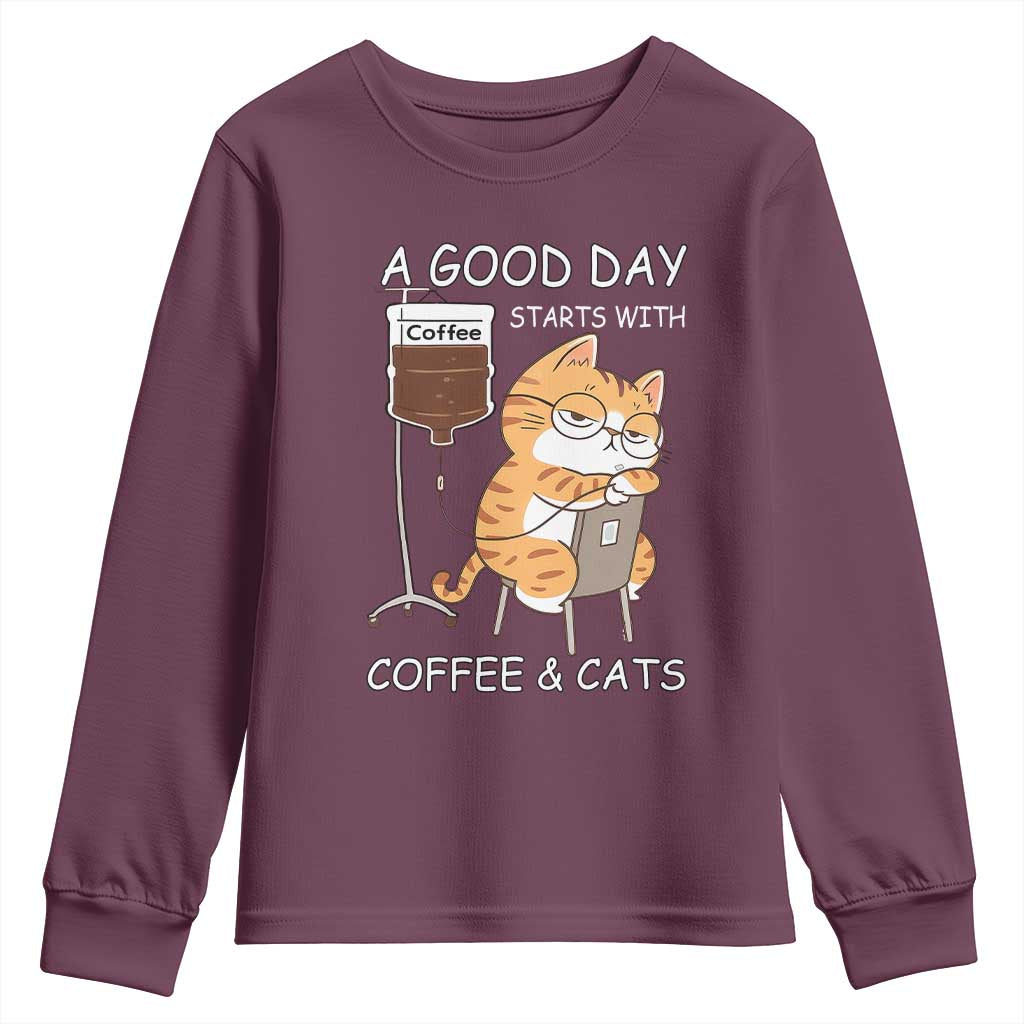 A Good Day Starts With Coffee And Cats Youth Sweatshirt Funny Purrfect Morning - Wonder Print Shop