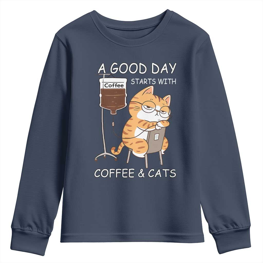 A Good Day Starts With Coffee And Cats Youth Sweatshirt Funny Purrfect Morning - Wonder Print Shop