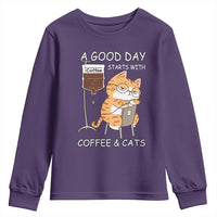A Good Day Starts With Coffee And Cats Youth Sweatshirt Funny Purrfect Morning - Wonder Print Shop