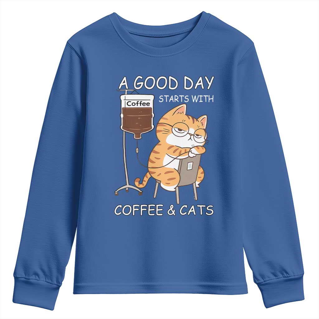 A Good Day Starts With Coffee And Cats Youth Sweatshirt Funny Purrfect Morning - Wonder Print Shop