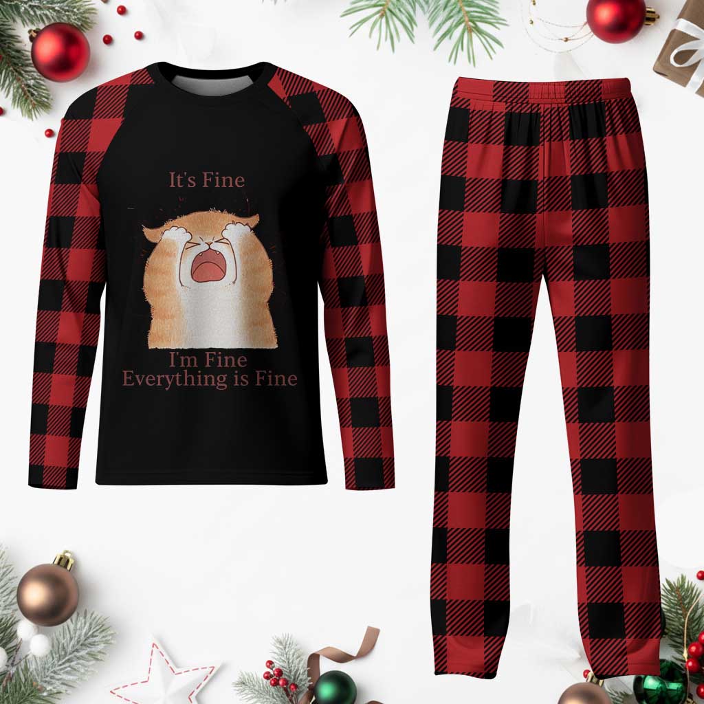 Its Fine I am Fine Everything is Fine Funny Cat Lover Plaid Pajama Set - Wonder Print Shop