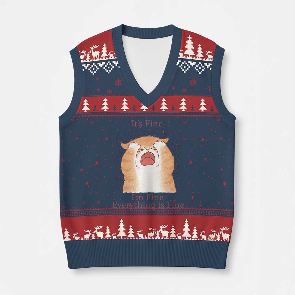 Its Fine I am Fine Everything is Fine Funny Cat Lover V-Neck Knit Sweater Vest - Wonder Print Shop