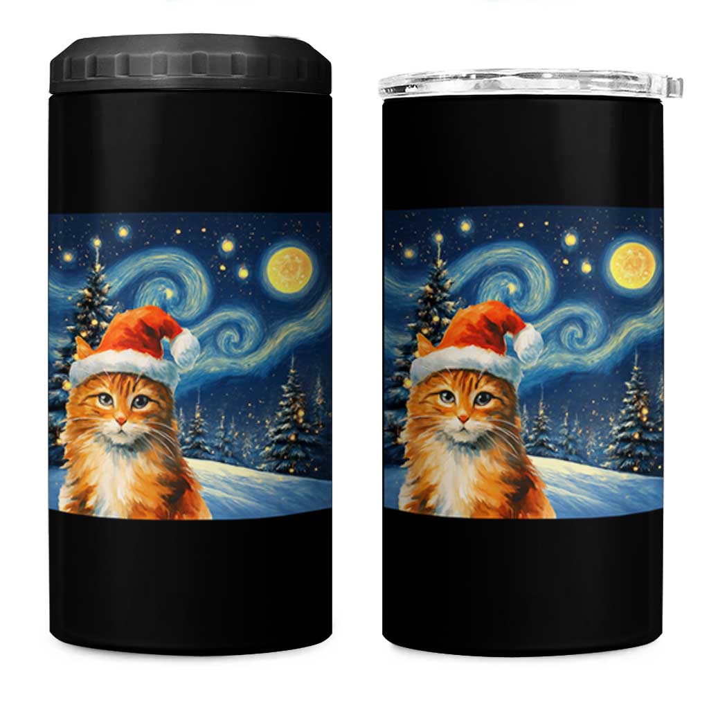 Christmas Van Gogh Cat 4 in 1 Can Cooler Tumbler In Santa Hat Starry Night