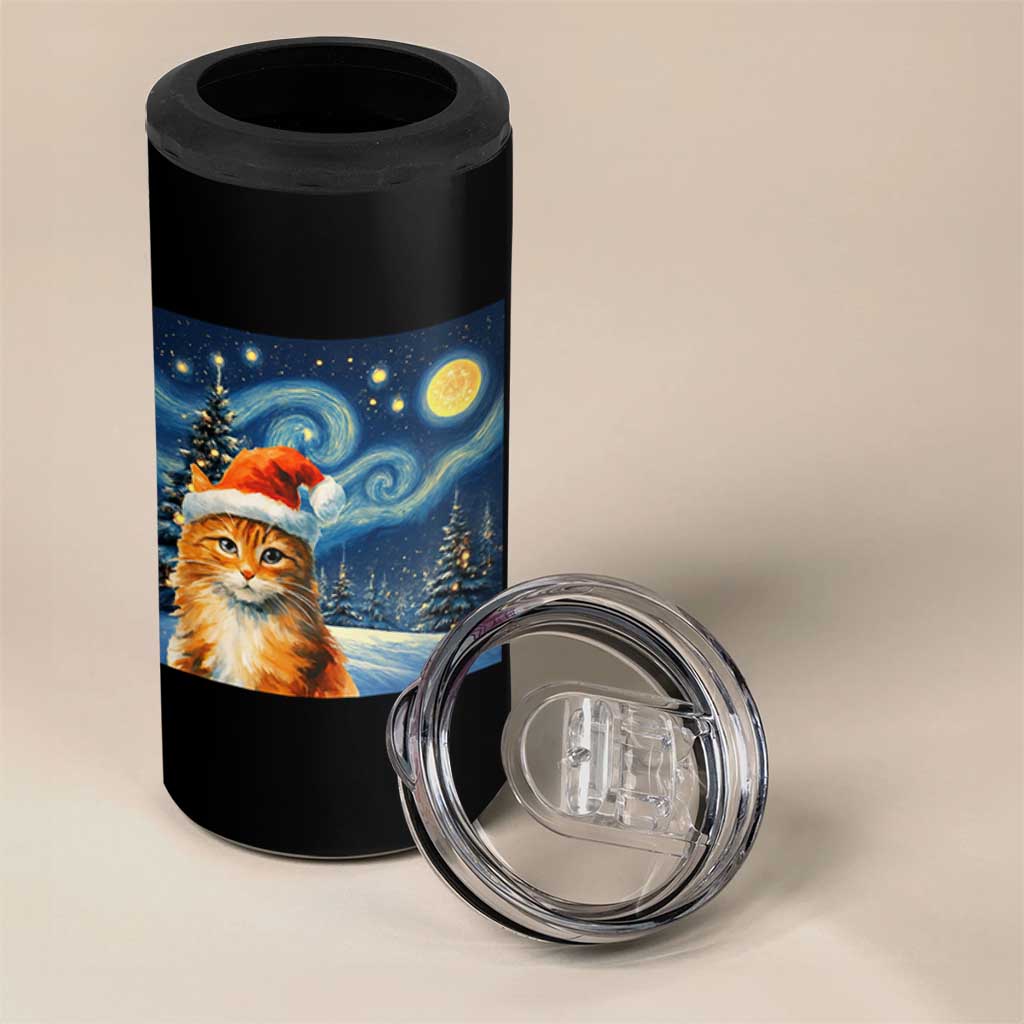 Christmas Van Gogh Cat 4 in 1 Can Cooler Tumbler In Santa Hat Starry Night