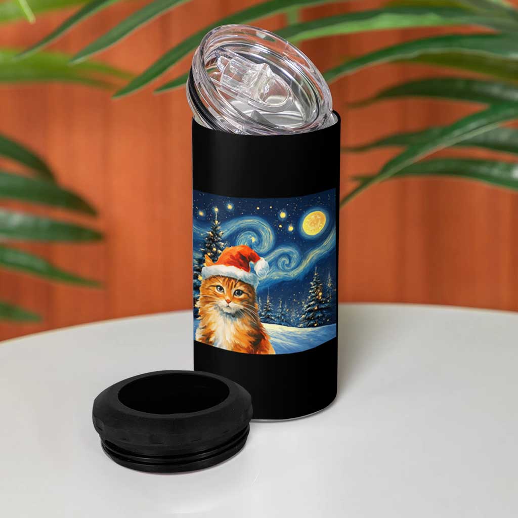Christmas Van Gogh Cat 4 in 1 Can Cooler Tumbler In Santa Hat Starry Night