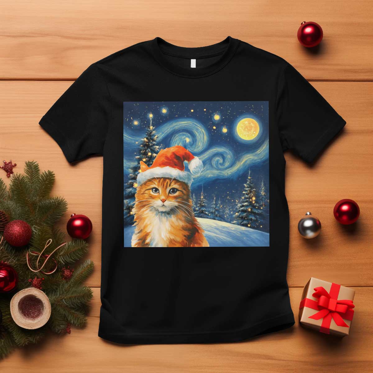 Christmas Van Gogh Cat T Shirt In Santa Hat Starry Night - Wonder Print Shop
