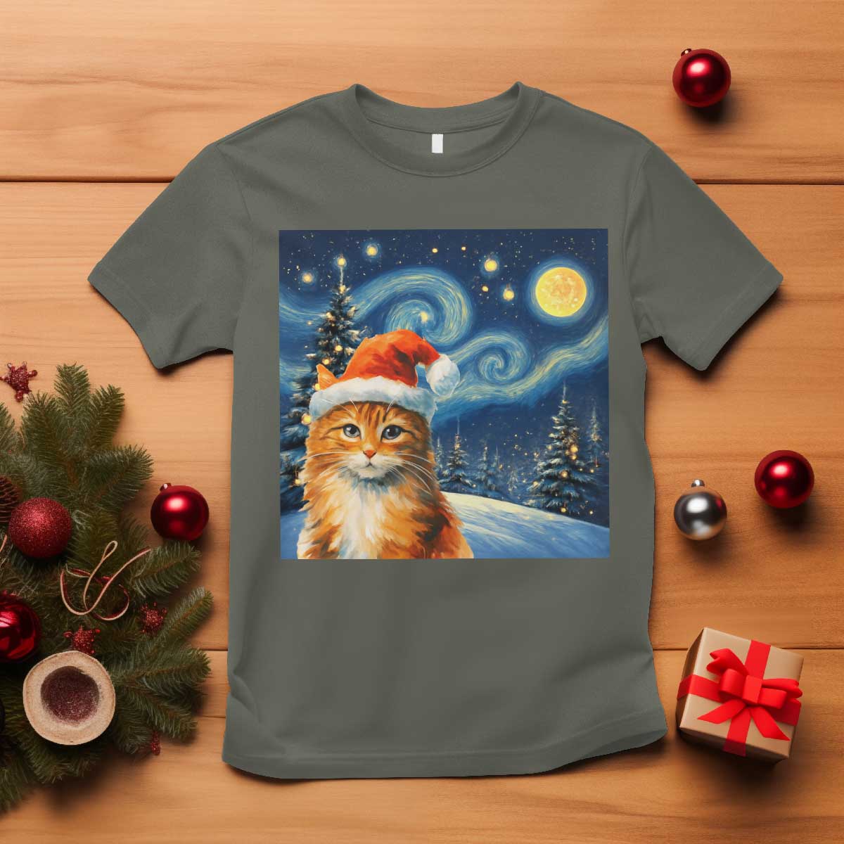 Christmas Van Gogh Cat T Shirt In Santa Hat Starry Night - Wonder Print Shop