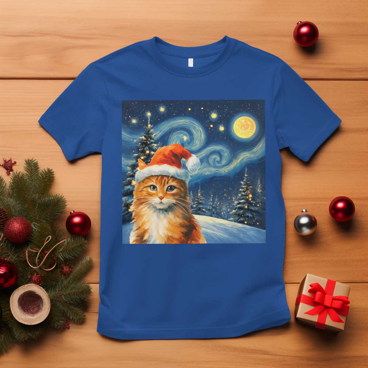 Christmas Van Gogh Cat T Shirt In Santa Hat Starry Night - Wonder Print Shop