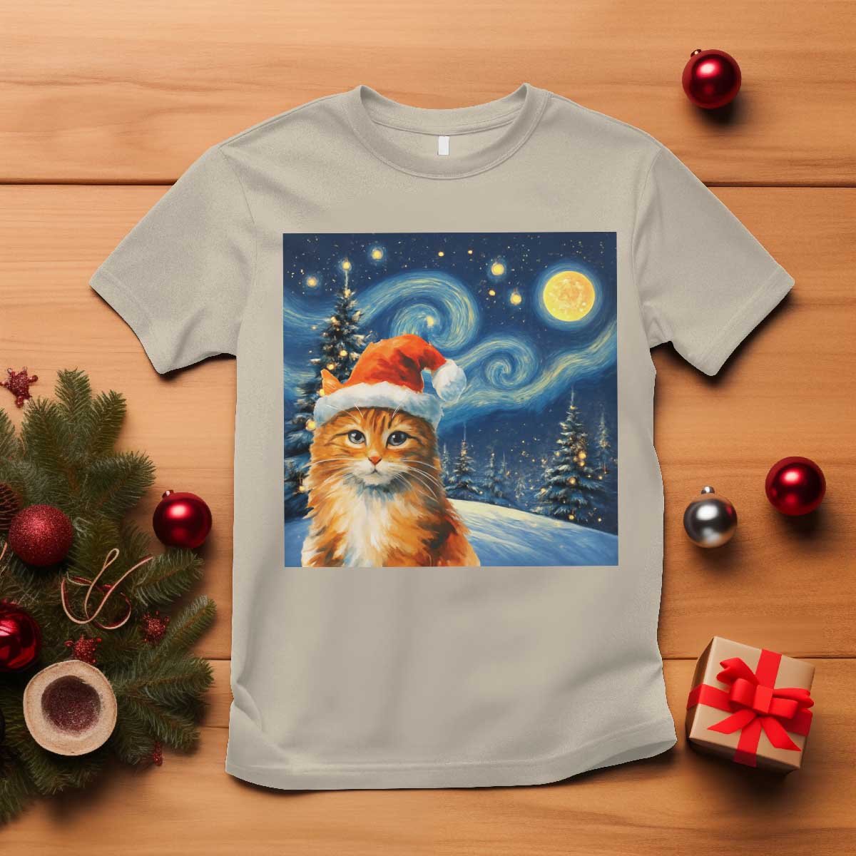Christmas Van Gogh Cat T Shirt In Santa Hat Starry Night - Wonder Print Shop