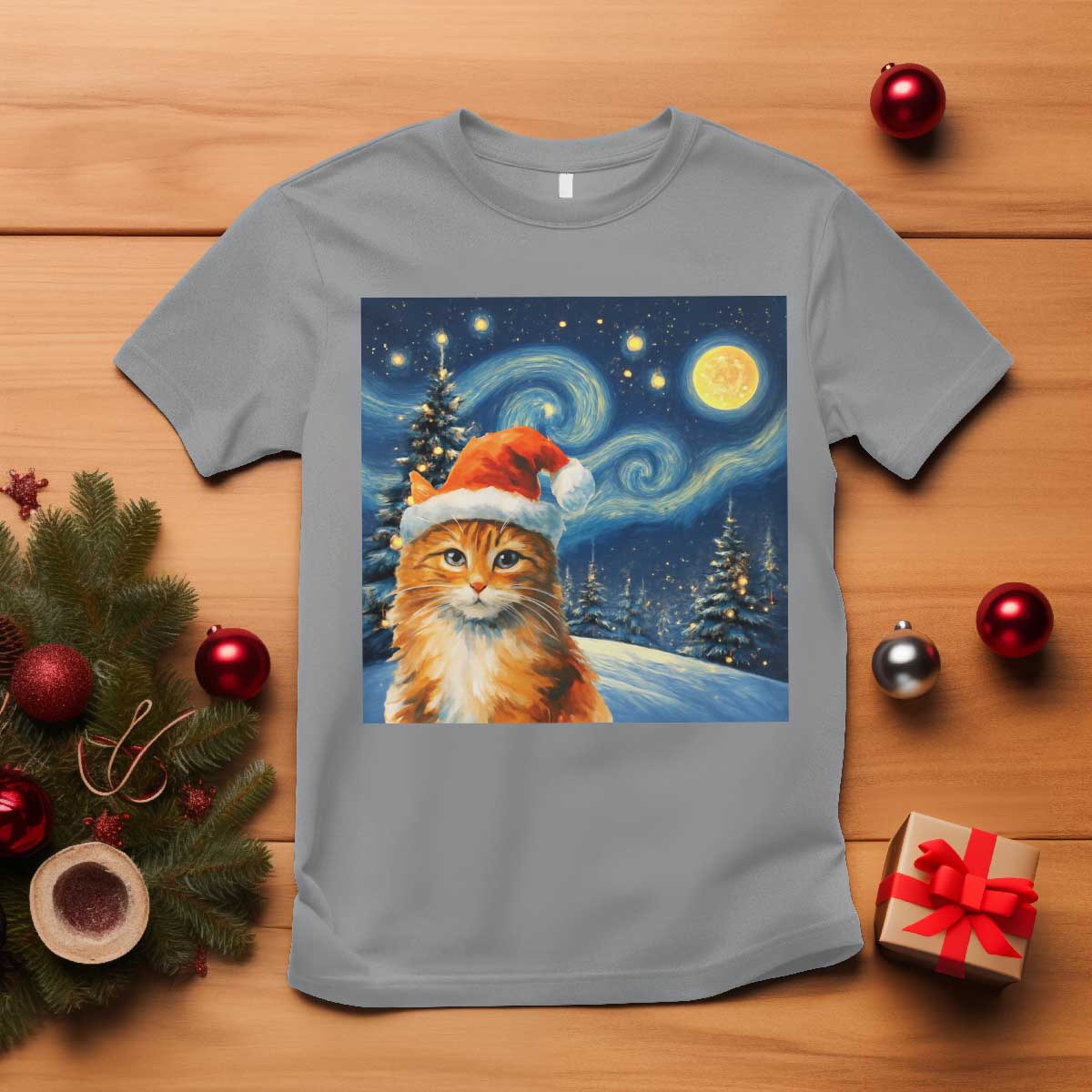 Christmas Van Gogh Cat T Shirt In Santa Hat Starry Night - Wonder Print Shop