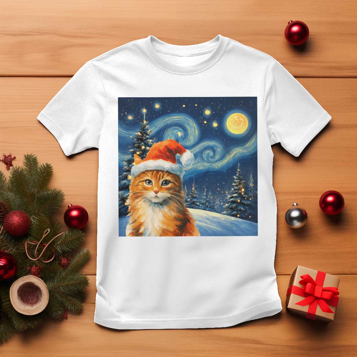 Christmas Van Gogh Cat T Shirt In Santa Hat Starry Night - Wonder Print Shop