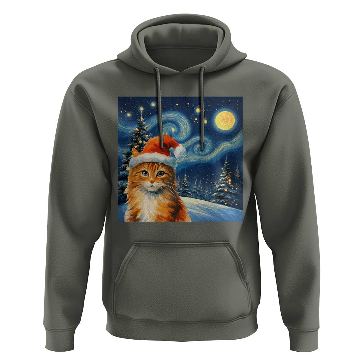 Christmas Van Gogh Cat Hoodie In Santa Hat Starry Night - Wonder Print Shop