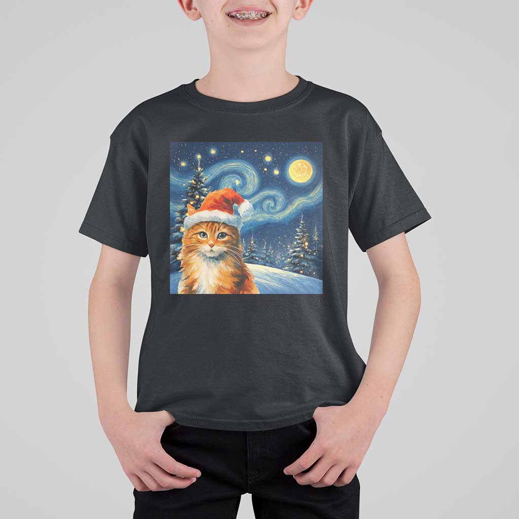 Christmas Van Gogh Cat T Shirt For Kid In Santa Hat Starry Night - Wonder Print Shop