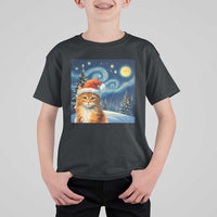 Christmas Van Gogh Cat T Shirt For Kid In Santa Hat Starry Night - Wonder Print Shop
