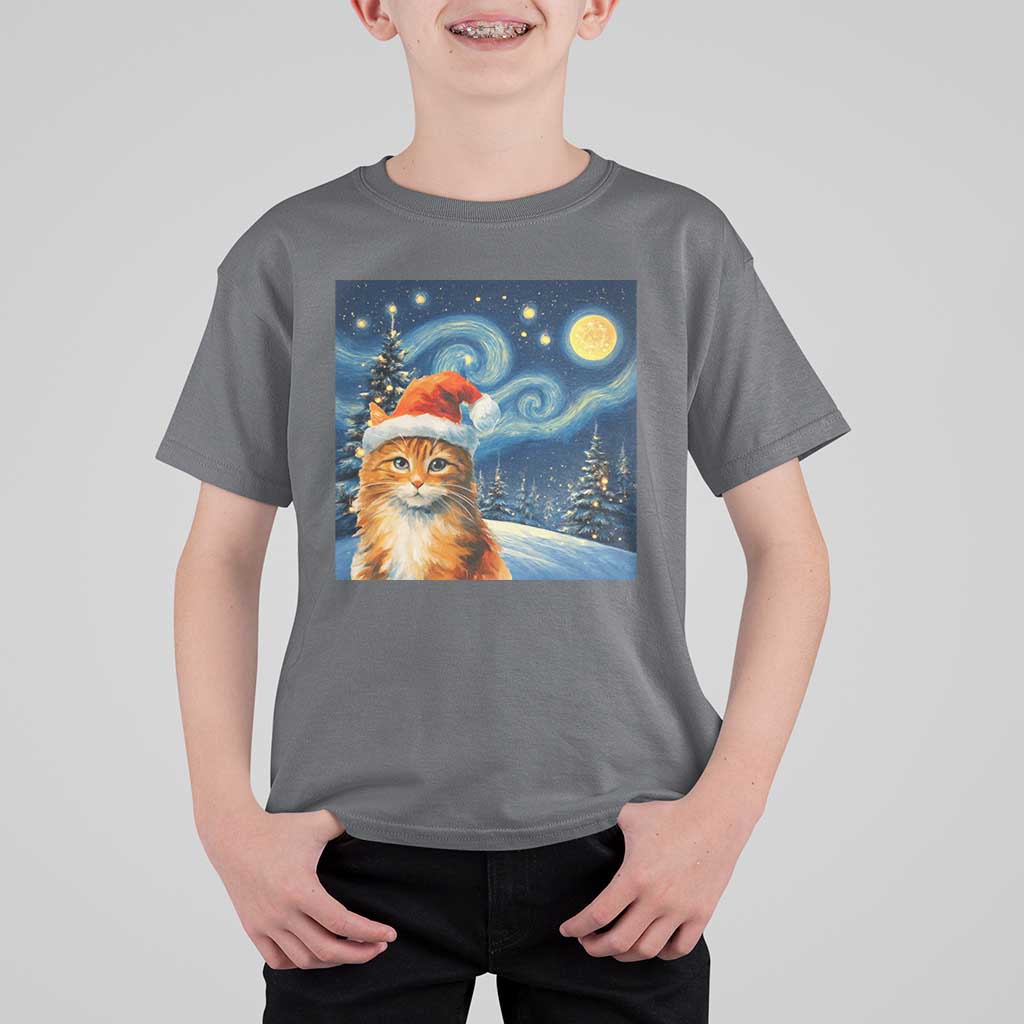Christmas Van Gogh Cat T Shirt For Kid In Santa Hat Starry Night - Wonder Print Shop