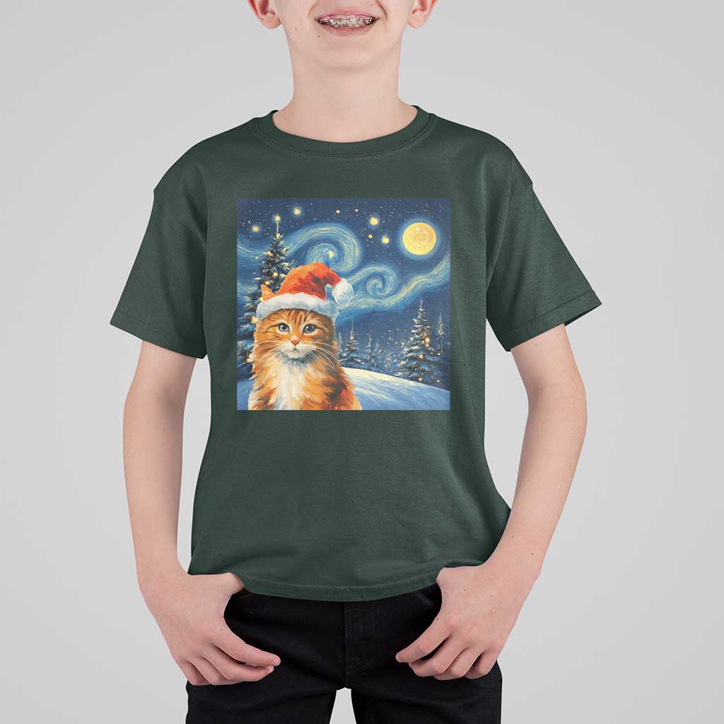 Christmas Van Gogh Cat T Shirt For Kid In Santa Hat Starry Night - Wonder Print Shop