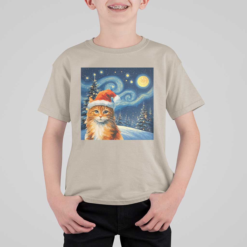 Christmas Van Gogh Cat T Shirt For Kid In Santa Hat Starry Night - Wonder Print Shop