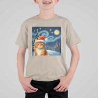 Christmas Van Gogh Cat T Shirt For Kid In Santa Hat Starry Night - Wonder Print Shop