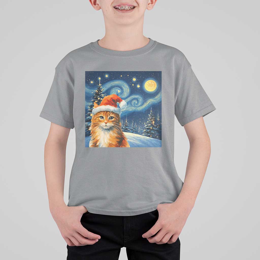 Christmas Van Gogh Cat T Shirt For Kid In Santa Hat Starry Night - Wonder Print Shop