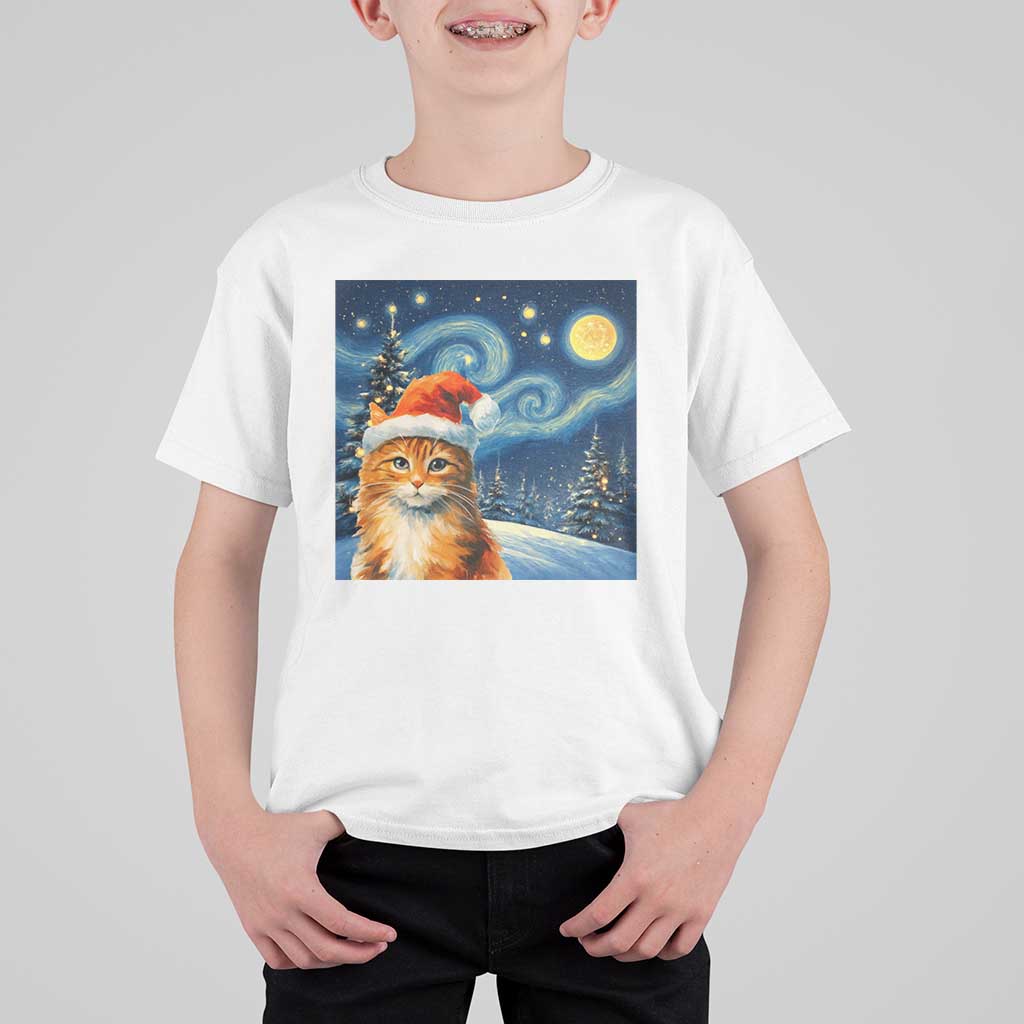 Christmas Van Gogh Cat T Shirt For Kid In Santa Hat Starry Night - Wonder Print Shop