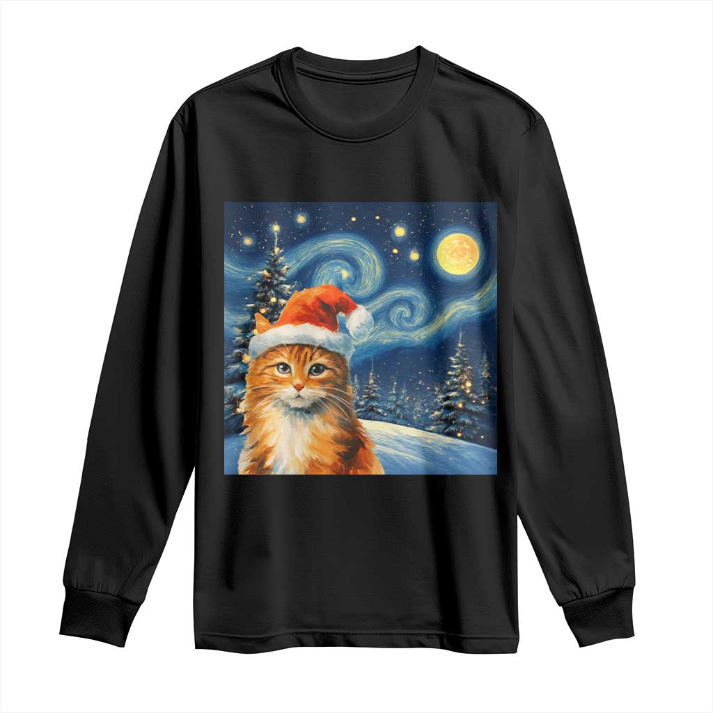 Christmas Van Gogh Cat Long Sleeve Shirt In Santa Hat Starry Night - Wonder Print Shop