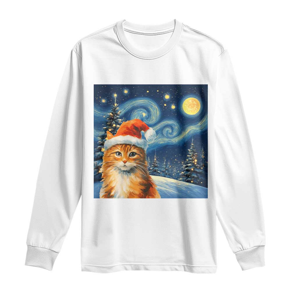 Christmas Van Gogh Cat Long Sleeve Shirt In Santa Hat Starry Night - Wonder Print Shop