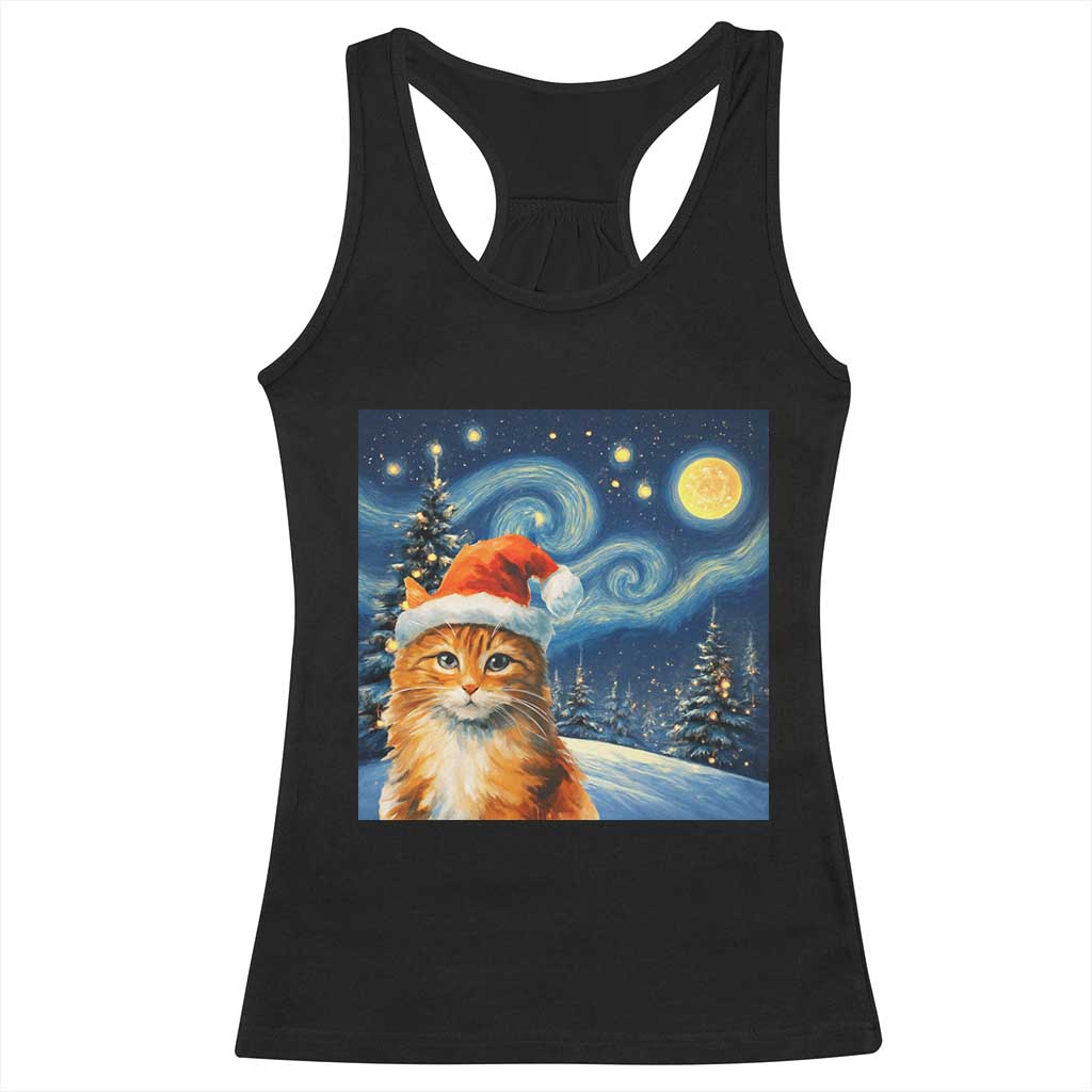 Christmas Van Gogh Cat Racerback Tank Top In Santa Hat Starry Night - Wonder Print Shop