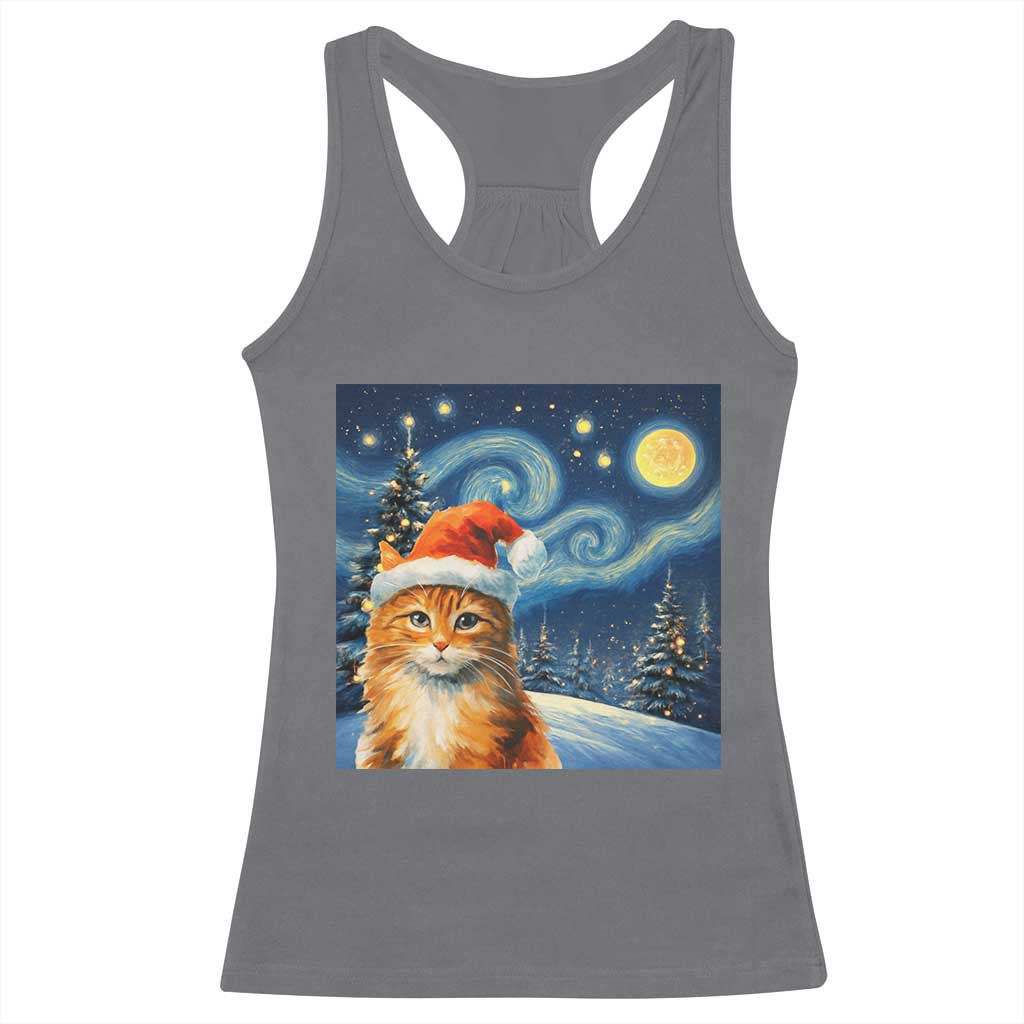 Christmas Van Gogh Cat Racerback Tank Top In Santa Hat Starry Night - Wonder Print Shop