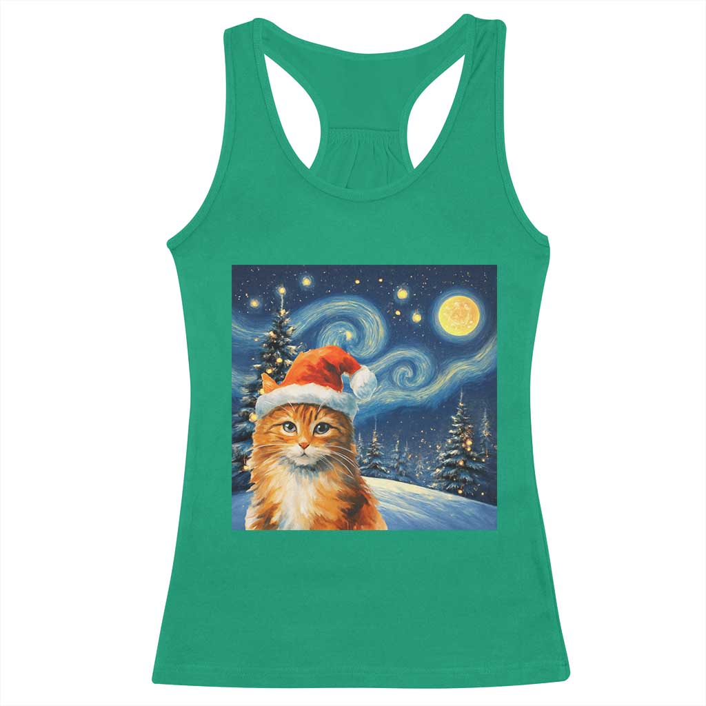 Christmas Van Gogh Cat Racerback Tank Top In Santa Hat Starry Night - Wonder Print Shop