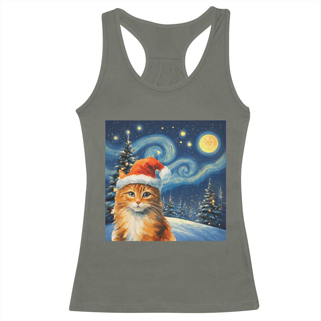 Christmas Van Gogh Cat Racerback Tank Top In Santa Hat Starry Night - Wonder Print Shop