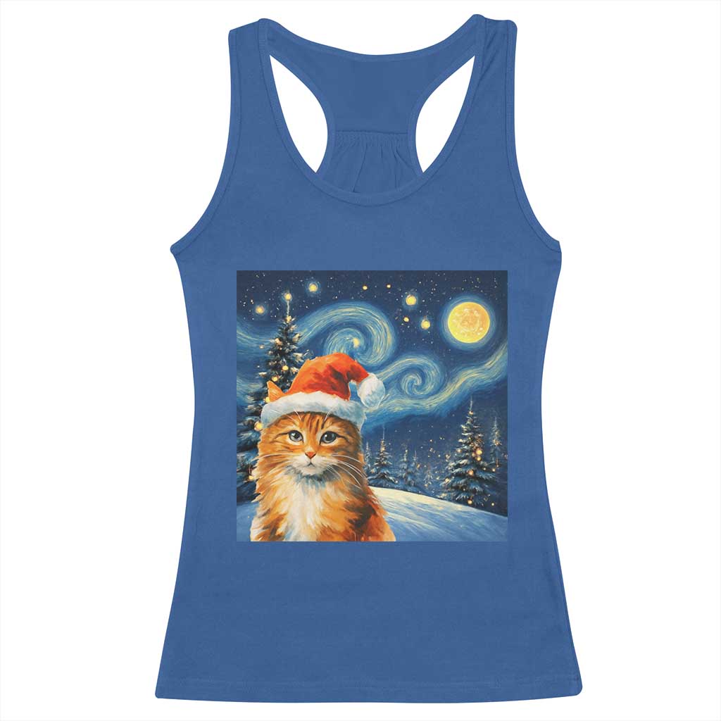 Christmas Van Gogh Cat Racerback Tank Top In Santa Hat Starry Night - Wonder Print Shop