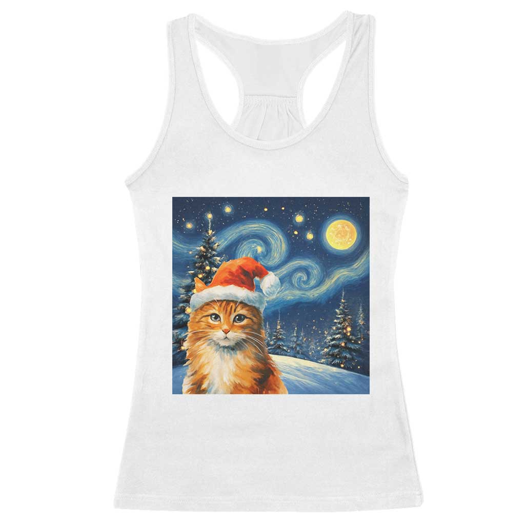 Christmas Van Gogh Cat Racerback Tank Top In Santa Hat Starry Night - Wonder Print Shop
