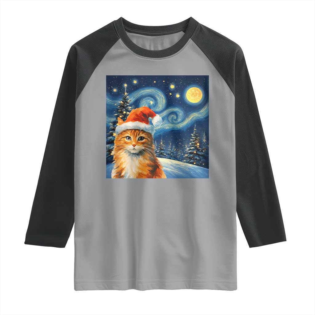 Christmas Van Gogh Cat Raglan Shirt In Santa Hat Starry Night - Wonder Print Shop