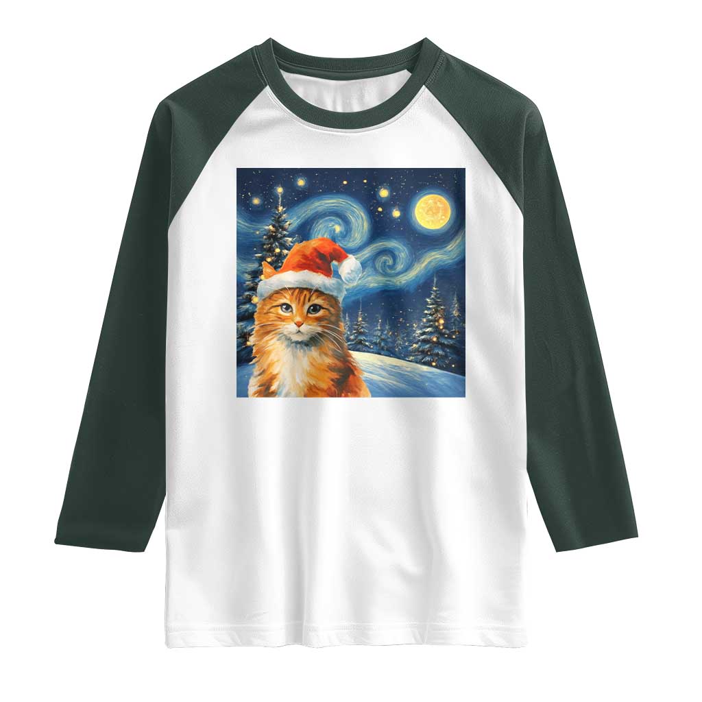 Christmas Van Gogh Cat Raglan Shirt In Santa Hat Starry Night - Wonder Print Shop