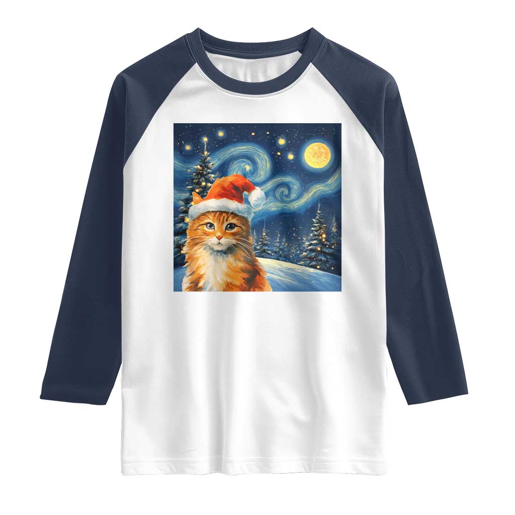 Christmas Van Gogh Cat Raglan Shirt In Santa Hat Starry Night - Wonder Print Shop