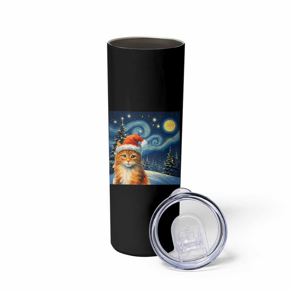 Christmas Van Gogh Cat Skinny Tumbler In Santa Hat Starry Night