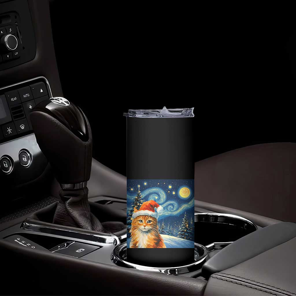 Christmas Van Gogh Cat Skinny Tumbler In Santa Hat Starry Night