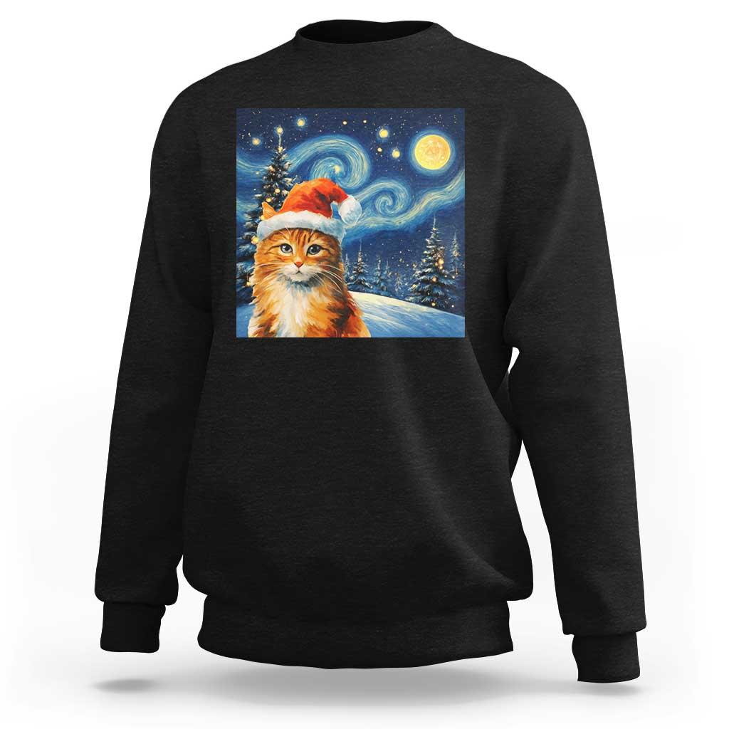 Christmas Van Gogh Cat Sweatshirt In Santa Hat Starry Night - Wonder Print Shop