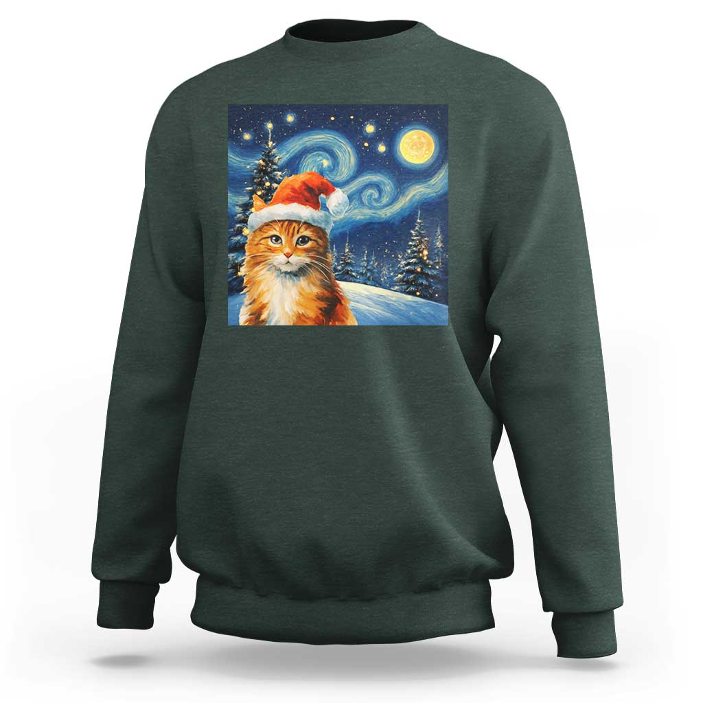Christmas Van Gogh Cat Sweatshirt In Santa Hat Starry Night - Wonder Print Shop