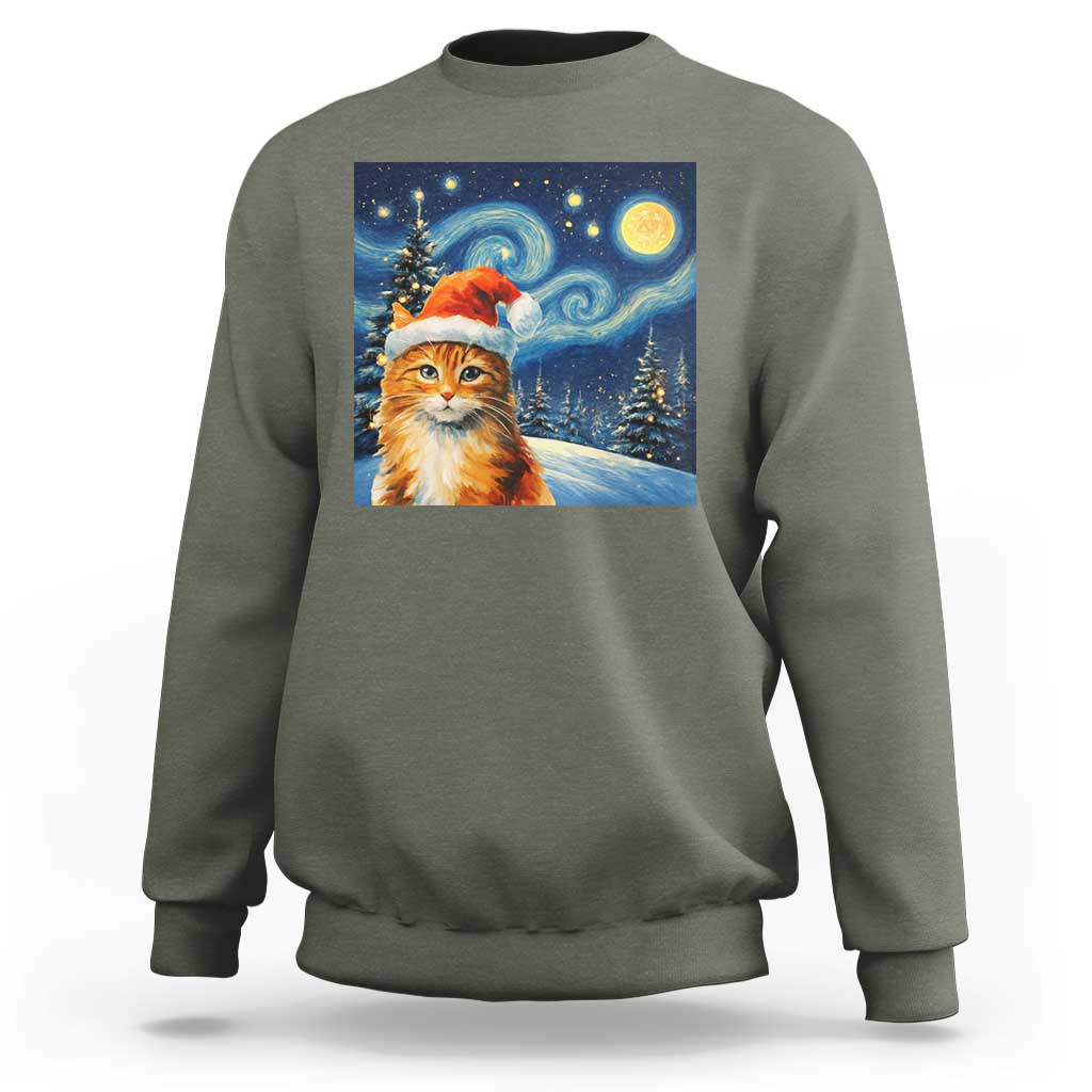 Christmas Van Gogh Cat Sweatshirt In Santa Hat Starry Night - Wonder Print Shop