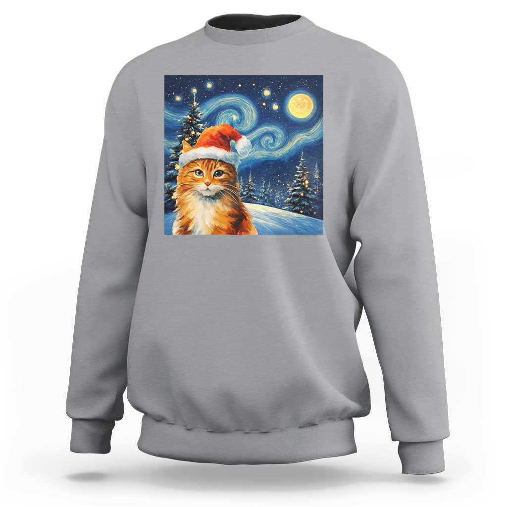 Christmas Van Gogh Cat Sweatshirt In Santa Hat Starry Night - Wonder Print Shop