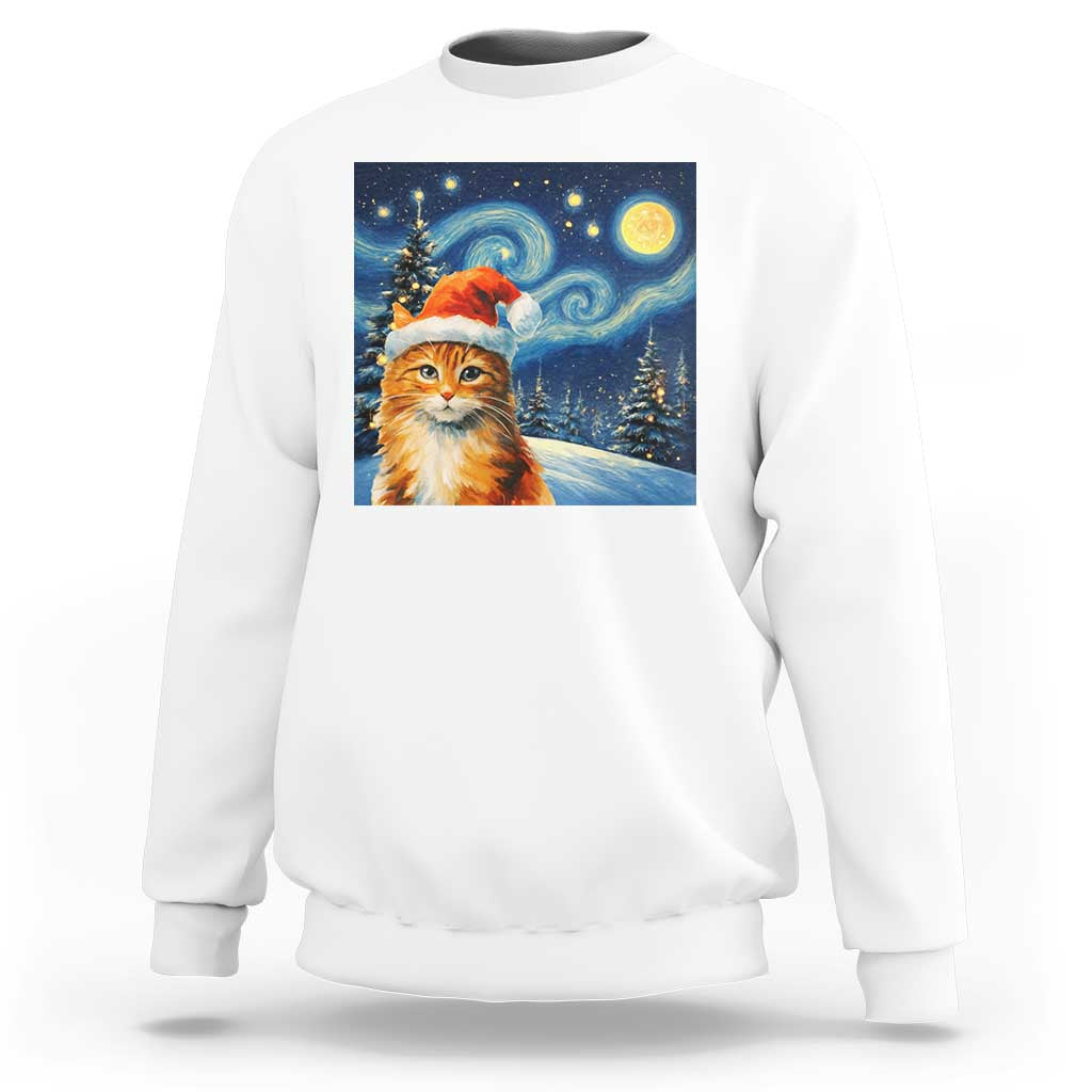 Christmas Van Gogh Cat Sweatshirt In Santa Hat Starry Night - Wonder Print Shop