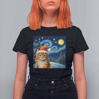 Christmas Van Gogh Cat T Shirt For Women In Santa Hat Starry Night - Wonder Print Shop