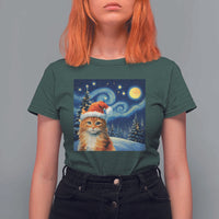 Christmas Van Gogh Cat T Shirt For Women In Santa Hat Starry Night - Wonder Print Shop