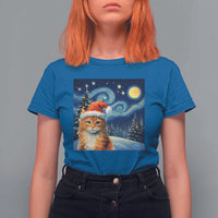 Christmas Van Gogh Cat T Shirt For Women In Santa Hat Starry Night - Wonder Print Shop