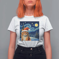 Christmas Van Gogh Cat T Shirt For Women In Santa Hat Starry Night - Wonder Print Shop