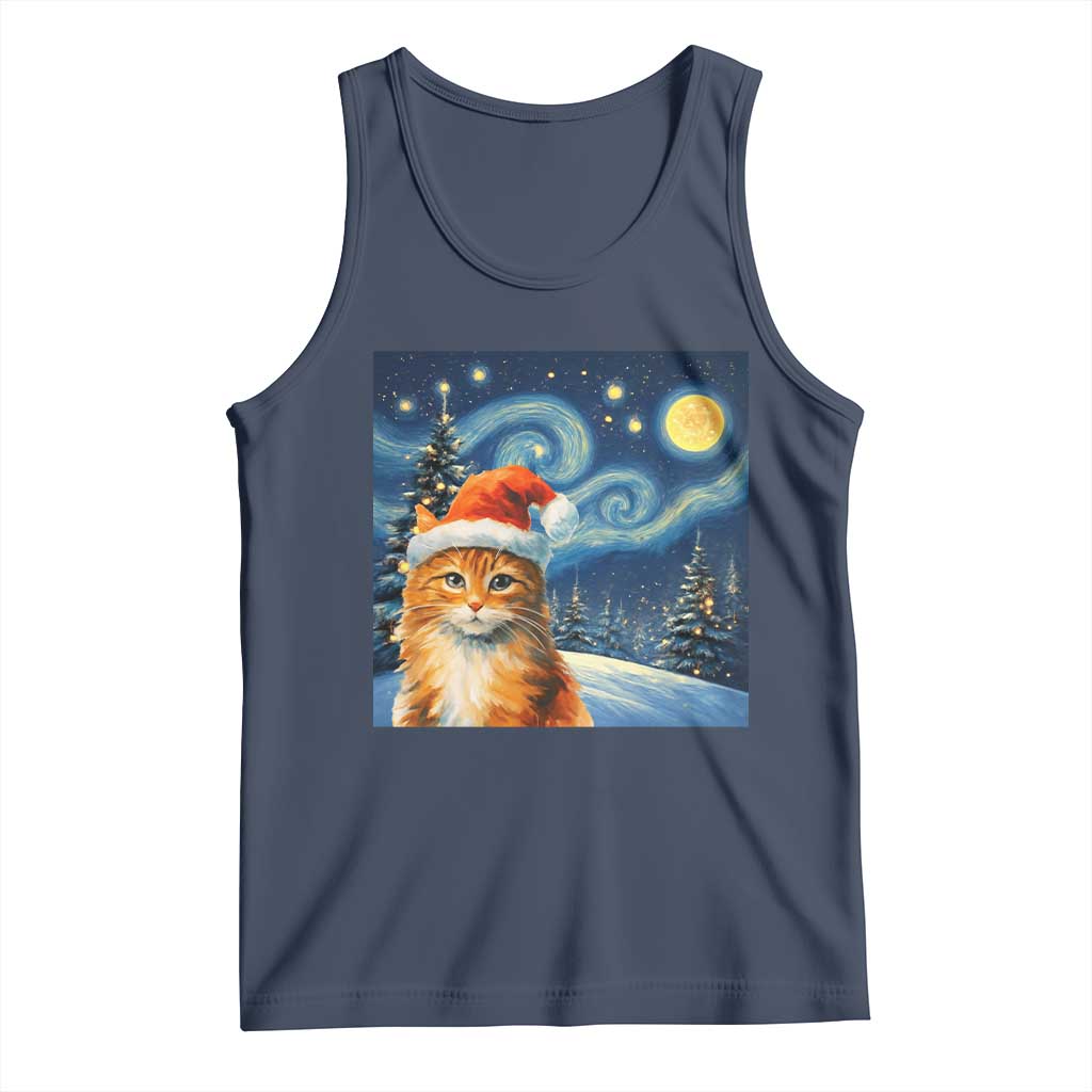 Christmas Van Gogh Cat Tank Top In Santa Hat Starry Night - Wonder Print Shop