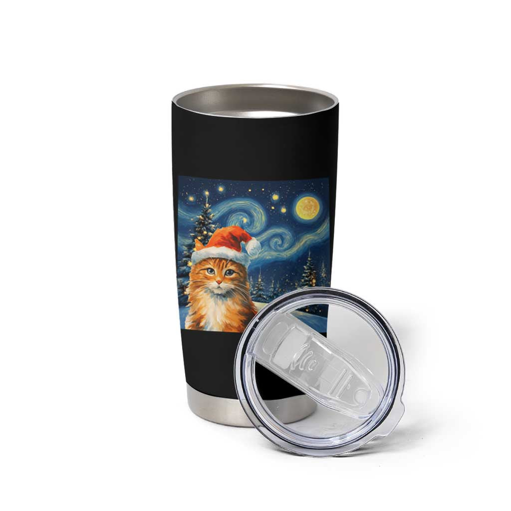 Christmas Van Gogh Cat Tumbler Cup In Santa Hat Starry Night
