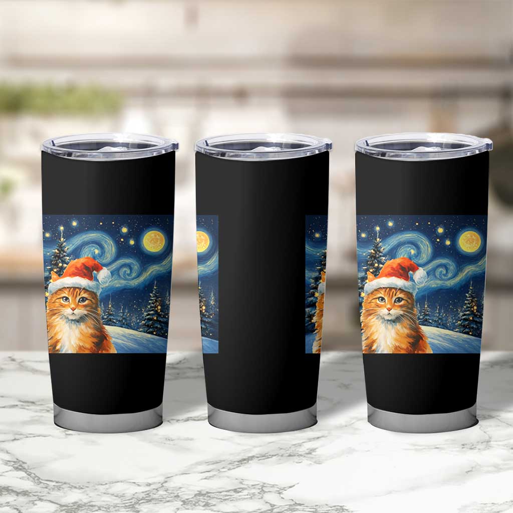 Christmas Van Gogh Cat Tumbler Cup In Santa Hat Starry Night